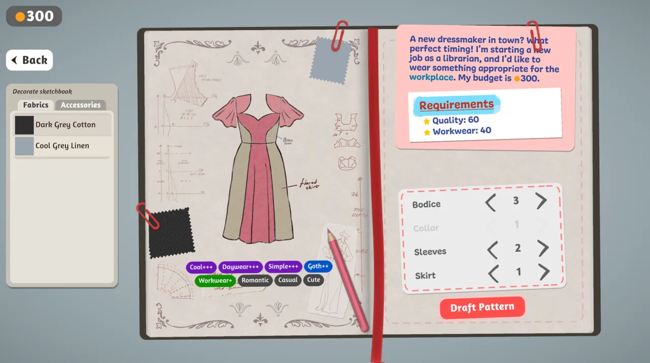 プロトタイプ v0.5.5 スケッチブック。Bodice / Collar / Sleeves / Skirt 行と Draft Pattern