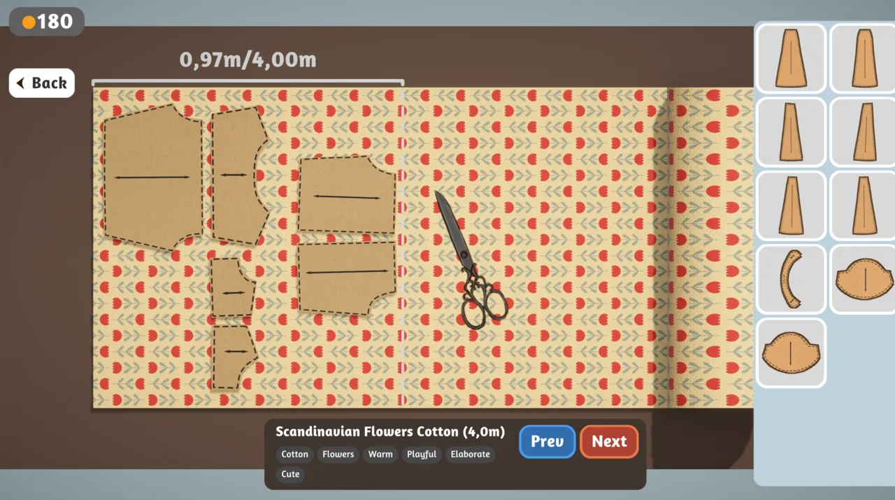 プロトタイプ v0.5.5 裁断台: Scandinavian Flowers Cotton。布目ピースと使用 0,97m